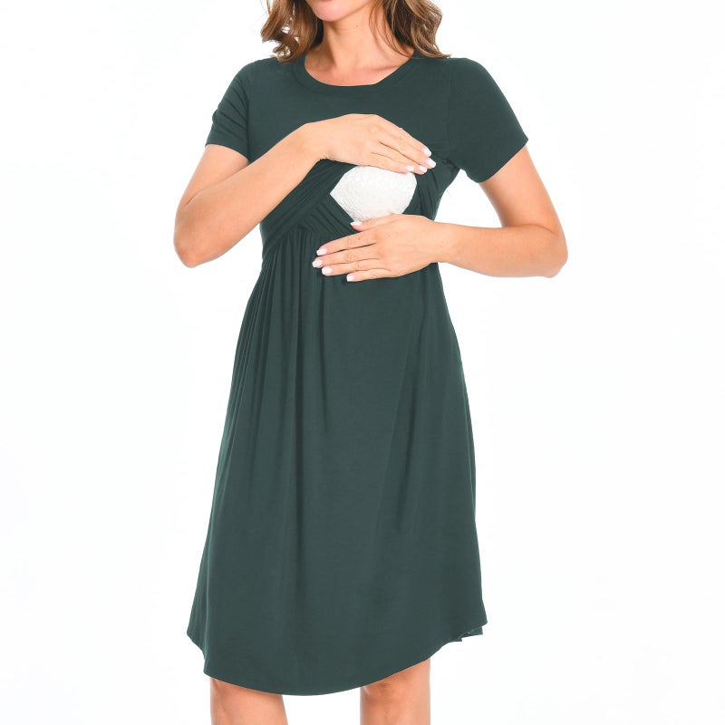 Bearsland Women's Short Sleeves Maternity Dress Nursing Breastfeeding Dresses with Pockets,Green,s - Image 5